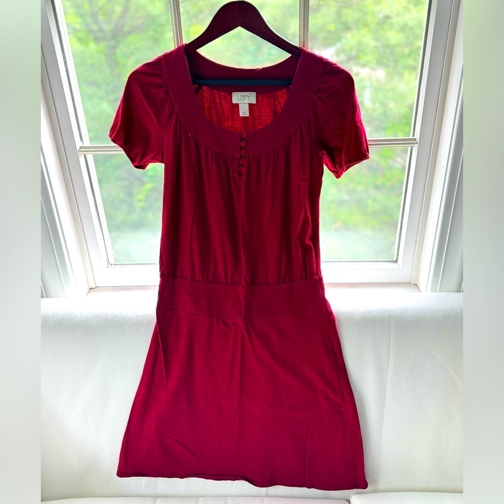 LOFT Short Sleeve Mini Dress in Deep Berry Red